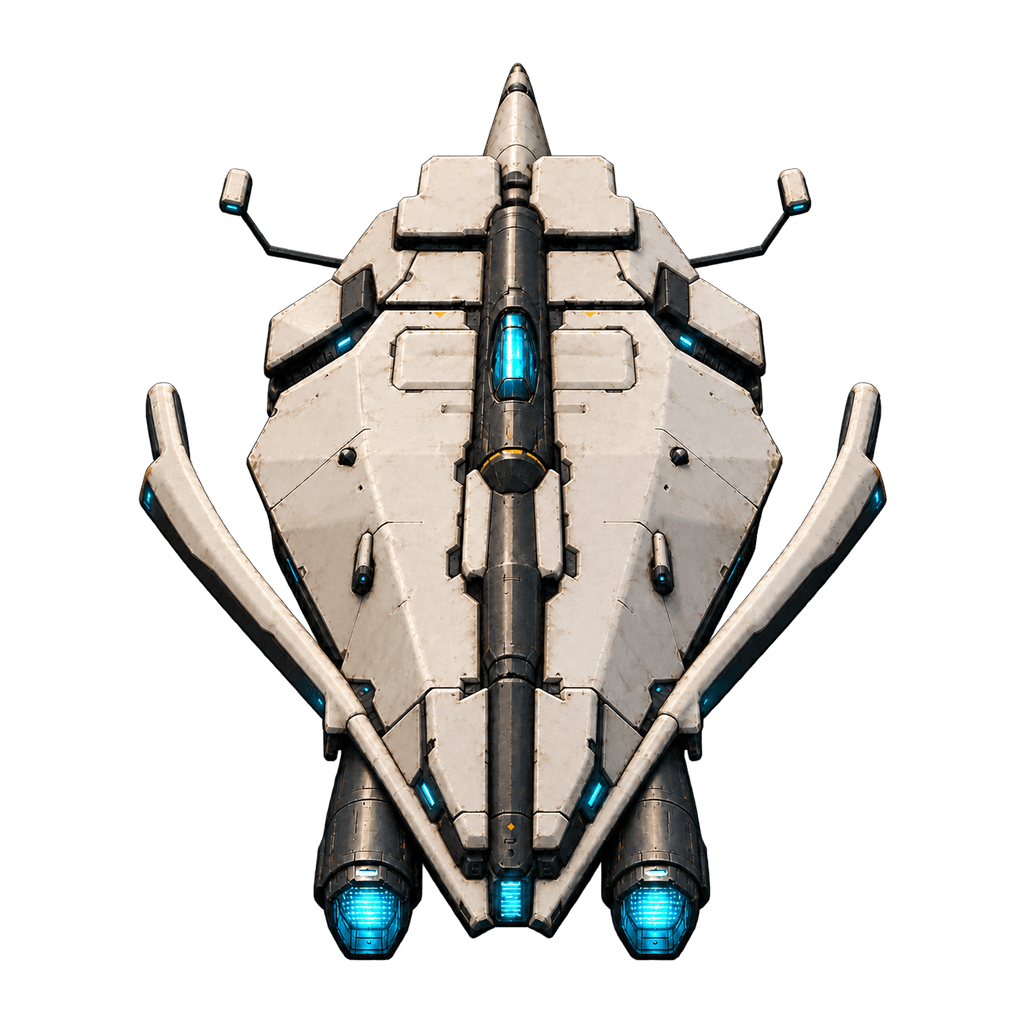 The Aegis Interceptor, an ivory spacecraft with swept wings and cyan engines
