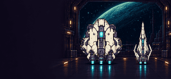 Two spacecraft docked in a purple orbital hangar above a blue planet